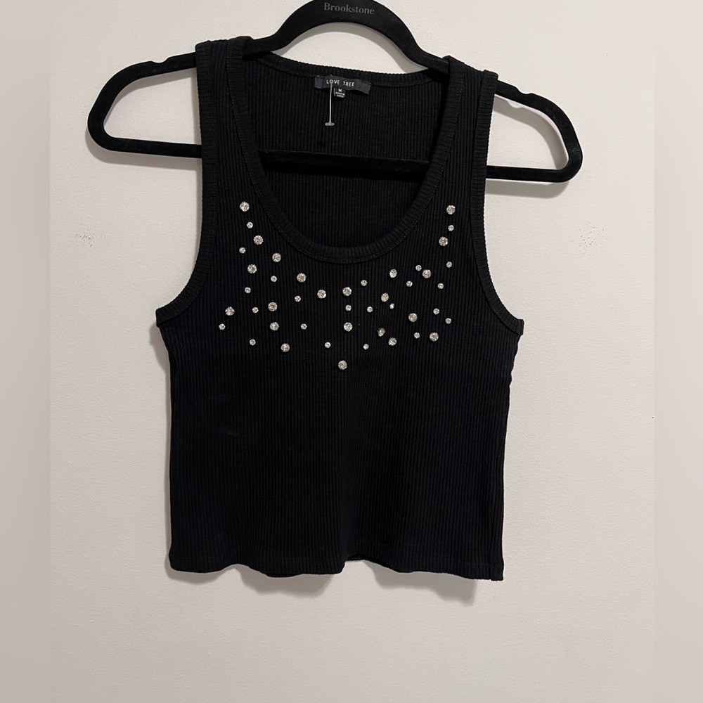 LOVE TREE Black Ribbed Sleeveless Shirt Women’s Tank Top Diamonds Sz M NWOT